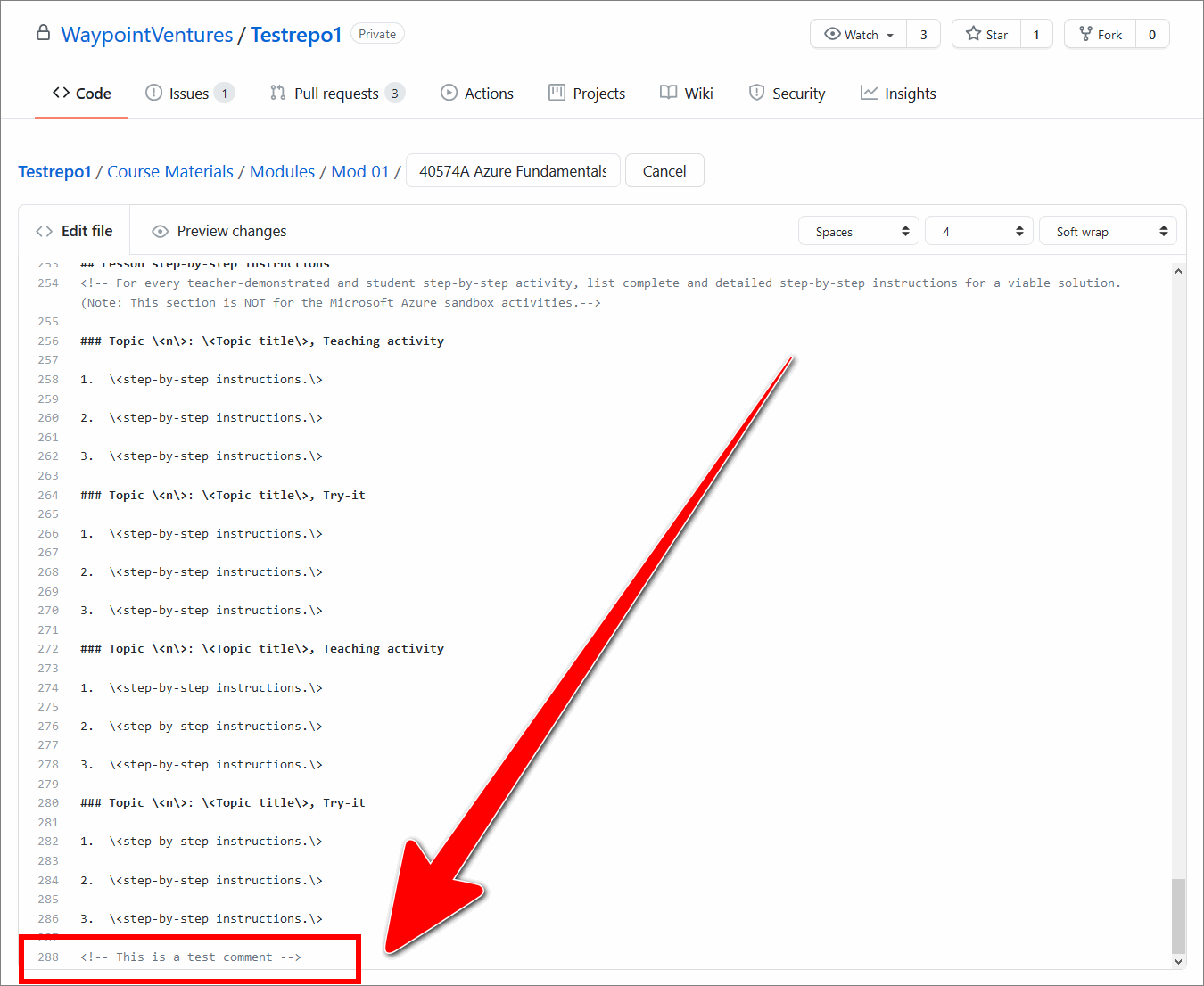 Comment added into the example markdown on GitHub