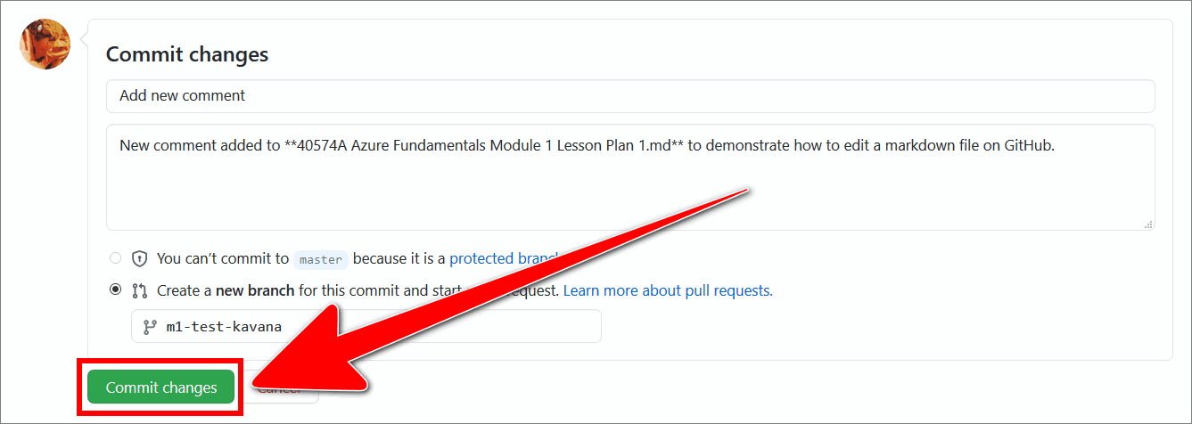 'Commit changes' button in the GitHub editor