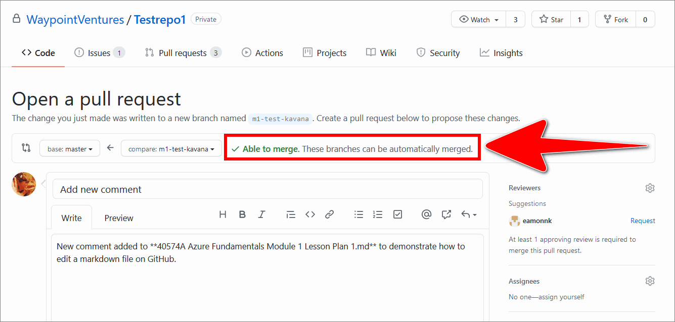 'Able to merge' message on the GitHub 'Open a pull request' page