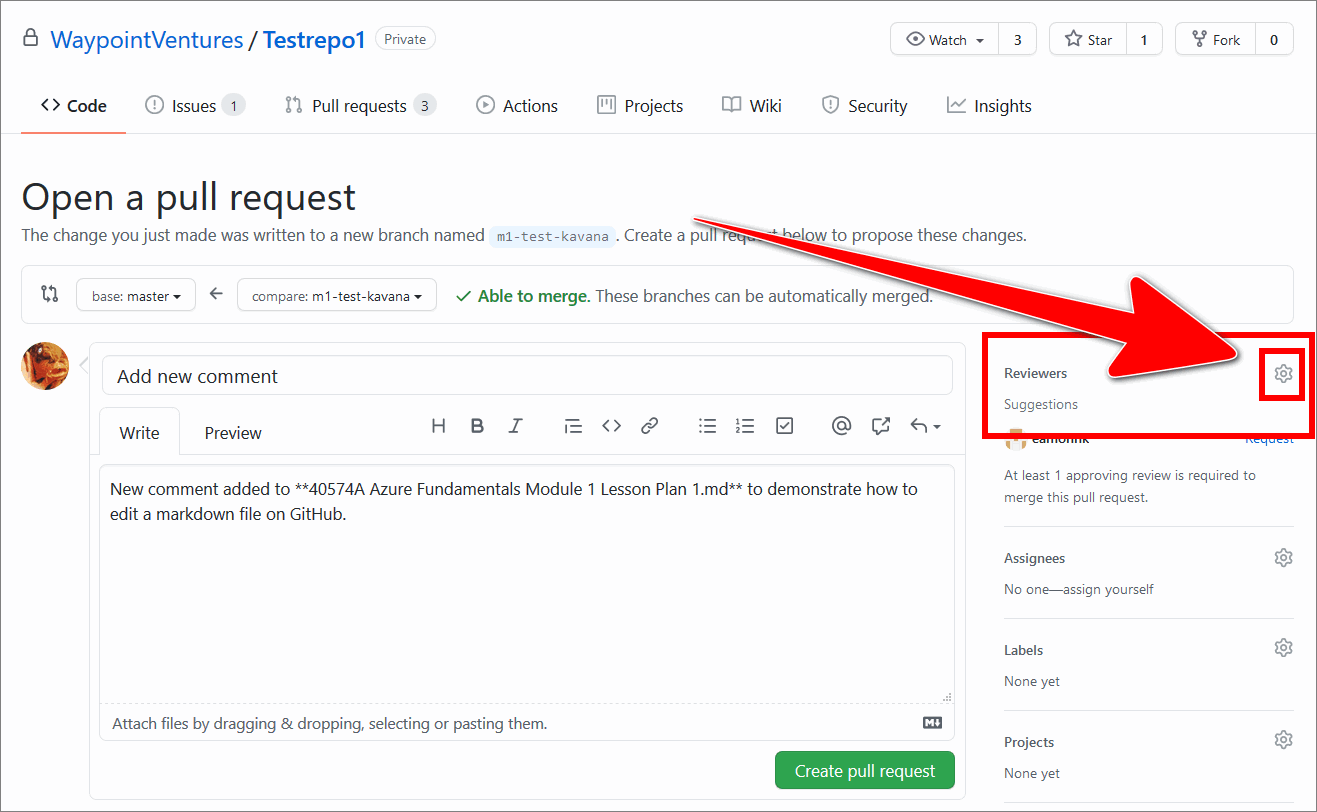 'Gear icon' selected on the 'Reviewers' sections of the GitHub 'Open a pull request' page