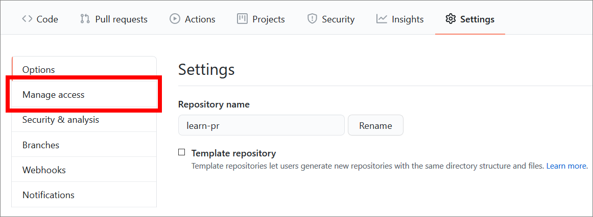 Manage access menu in an example GitHub repo