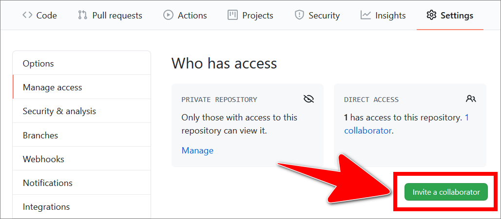 Invite collaborator option in an example GitHub repo