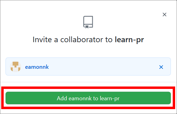 Button to confirm adding a GitHub user as a collaborator to an example GitHub repo