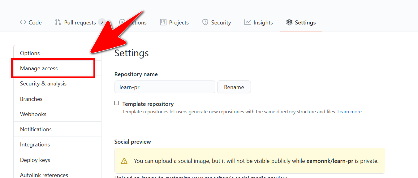 Manage access menu in an example GitHub repo