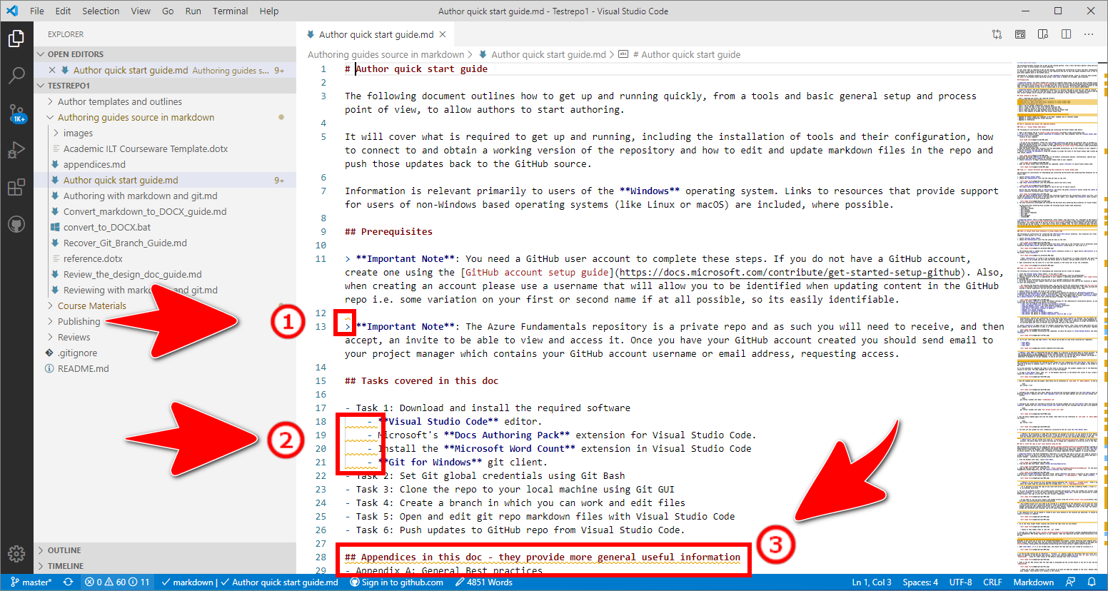 Example of syntax problems in a markdown file detected by VSC