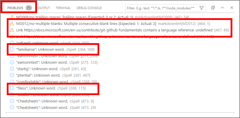 Examples of syntax and spelling problems in the 'VSC problems panel'