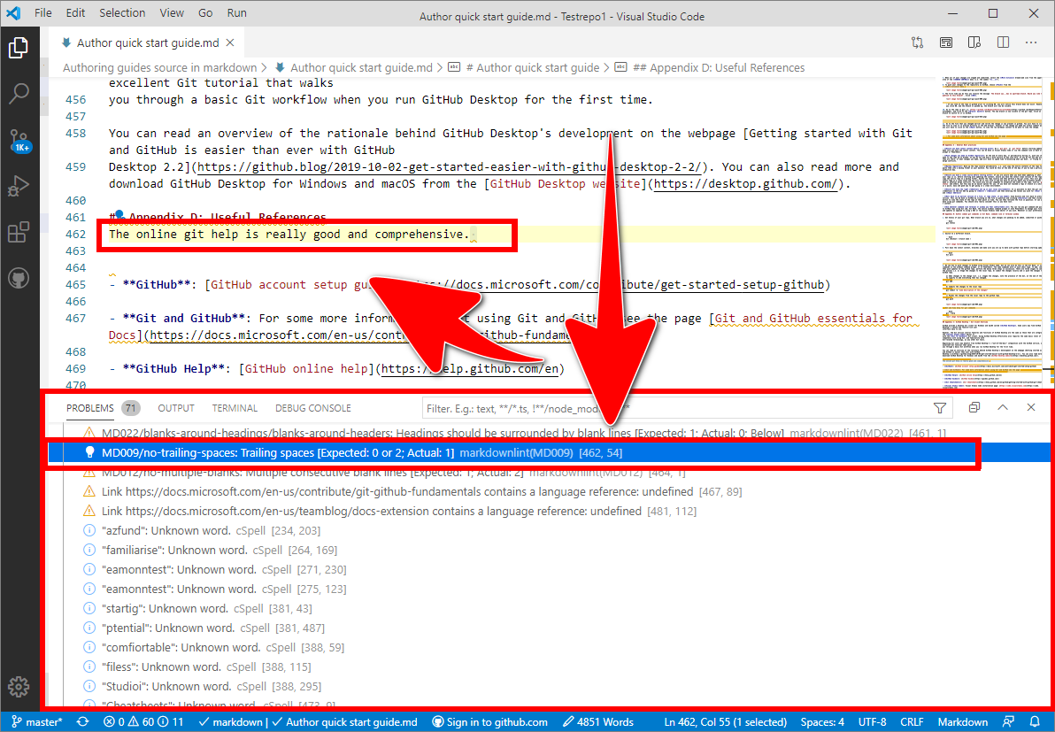 Example syntax error selected in the VSC 'Problems panel' and 'Editor tab'