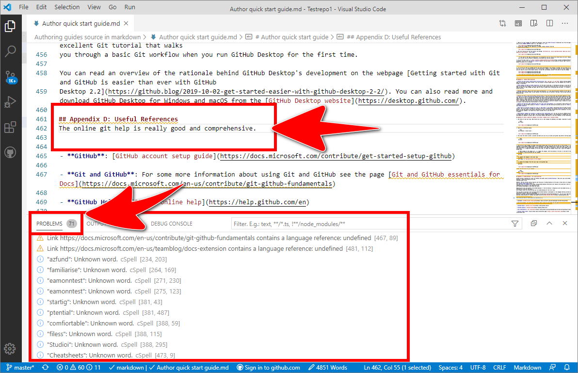 Example syntax error addressed in the VSC 'Editor tab' and 'Problems panel'