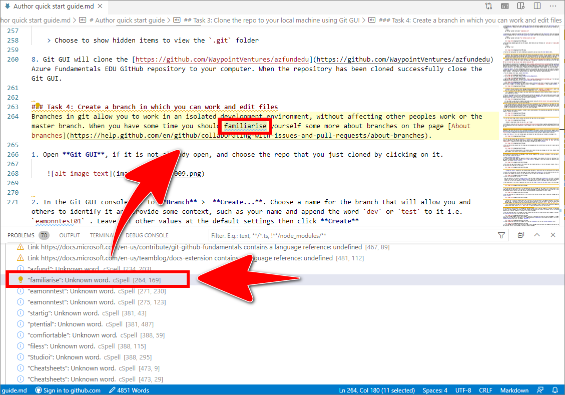 Example spelling error selected in the VSC 'Problems panel' and 'Editor tab'