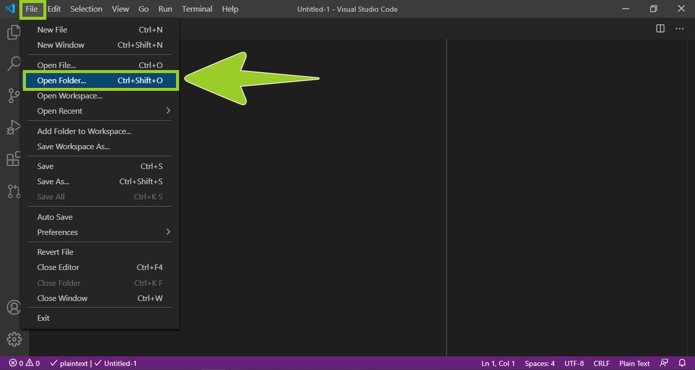 'Open folder' file menu in VSC
