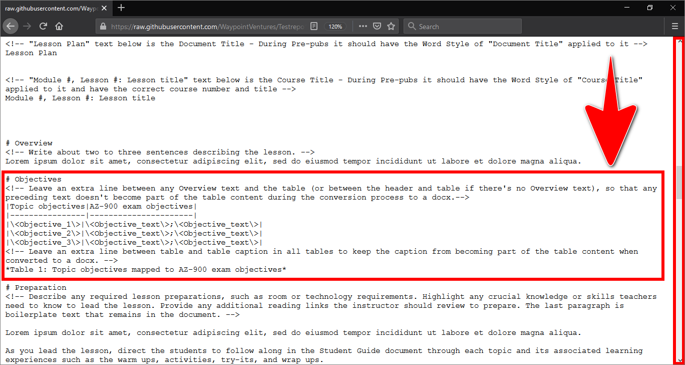 'Exam objectives table' inside an example author outline on GitHub