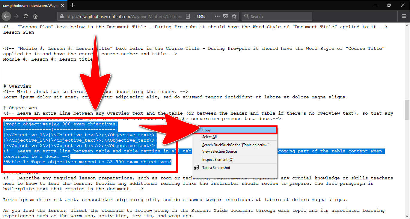 'Exam objectives table' selected from inside an example author outline on GitHub