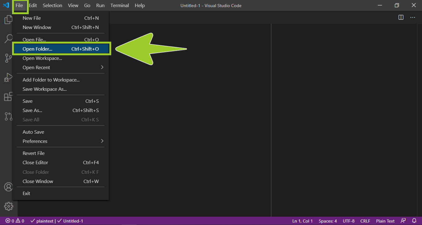 'Open folder' file menu in VSC
