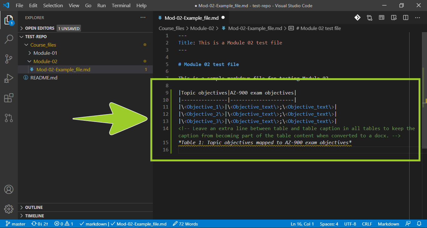 'Exam objectives table' pasted into an example markdown file