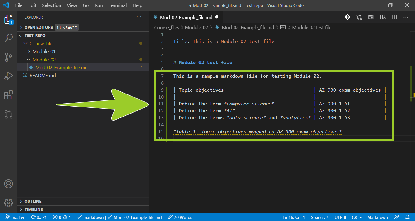 'Exam objectives table' with markdown comments removed and text added to the table cells, inside an example markdown file