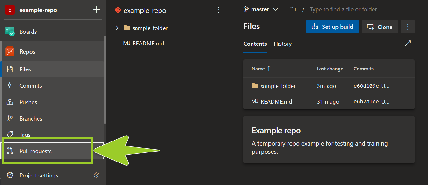 Example AzDevOps repo with the 'Pull requests' menu item selected