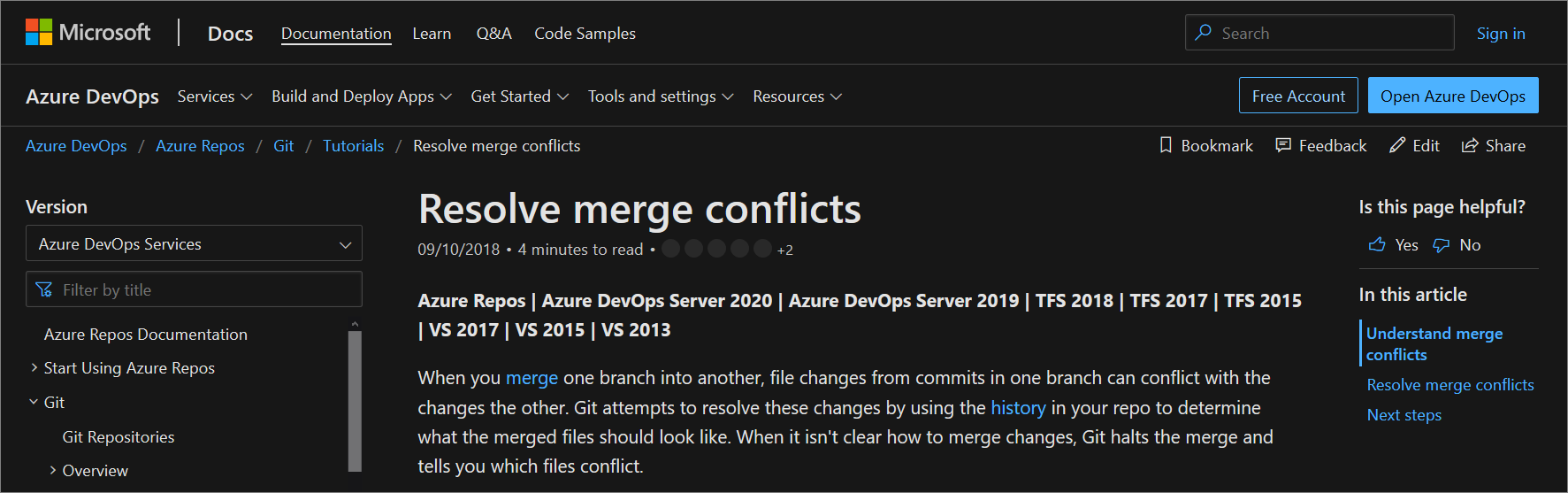 The Microsoft docs article 'Resolve merge conflicts'