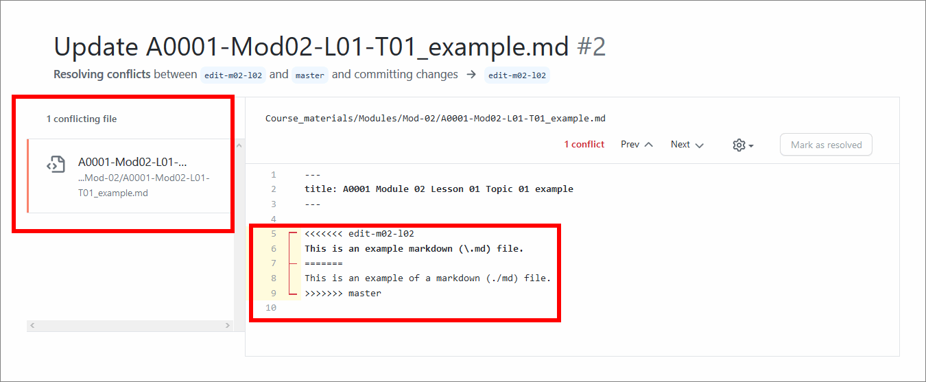 Example line conflict in a markdown file enclosed by conflict markers on GitHub