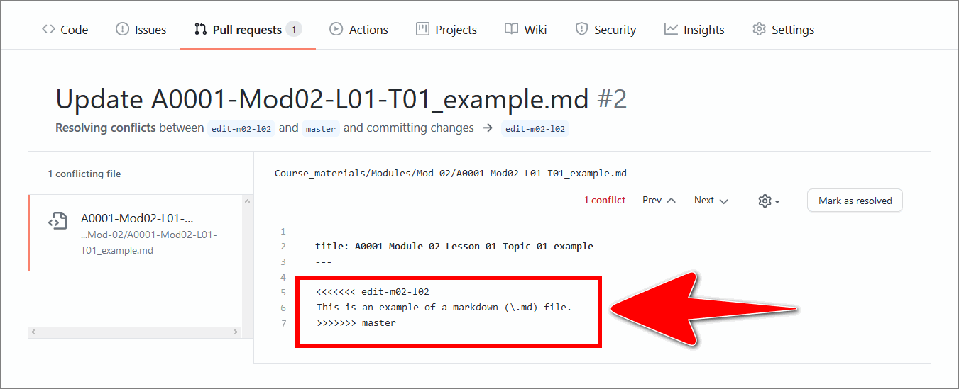 Example changes applied to a markdown file in the GitHub editor, to resolve a line conflict, enclosed by conflict markers