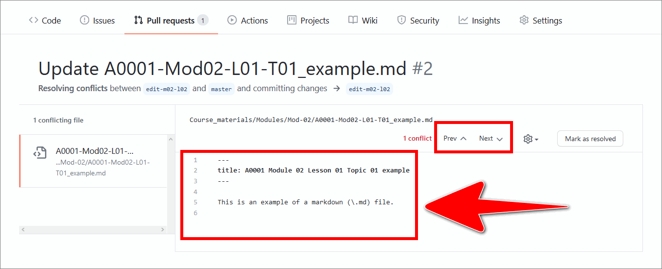 Example changes applied to a markdown file in the GitHub editor, to resolve a line conflict, without conflict markers