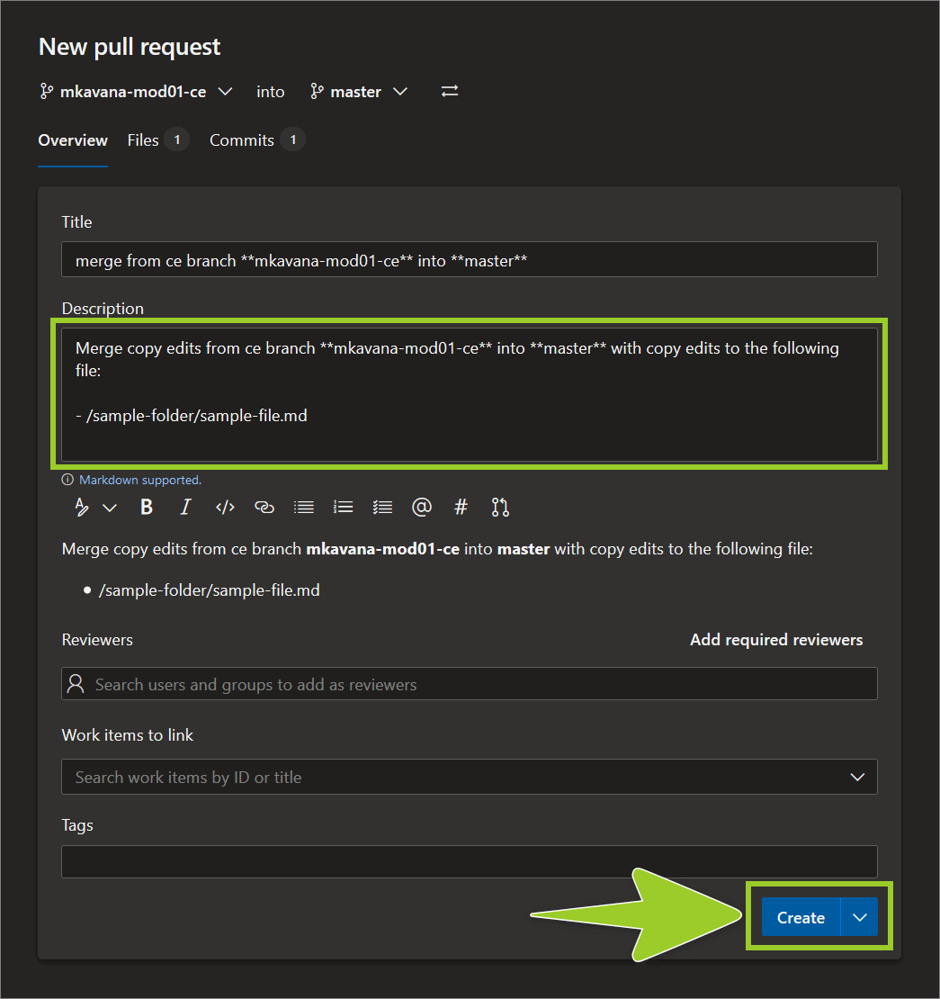 Example description on the AzDevOps 'New pull request' page