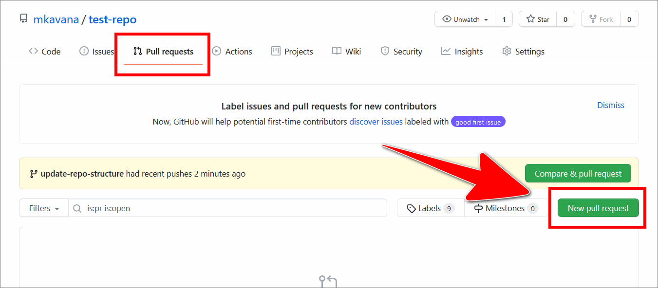 'New pull request' button on GitHub 'Pull requests' tab