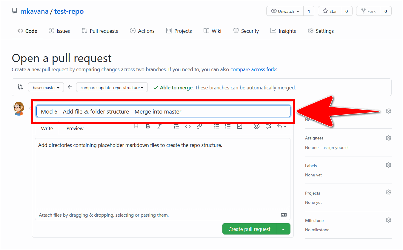 Example PR title on the GitHub 'Open a pull request' page