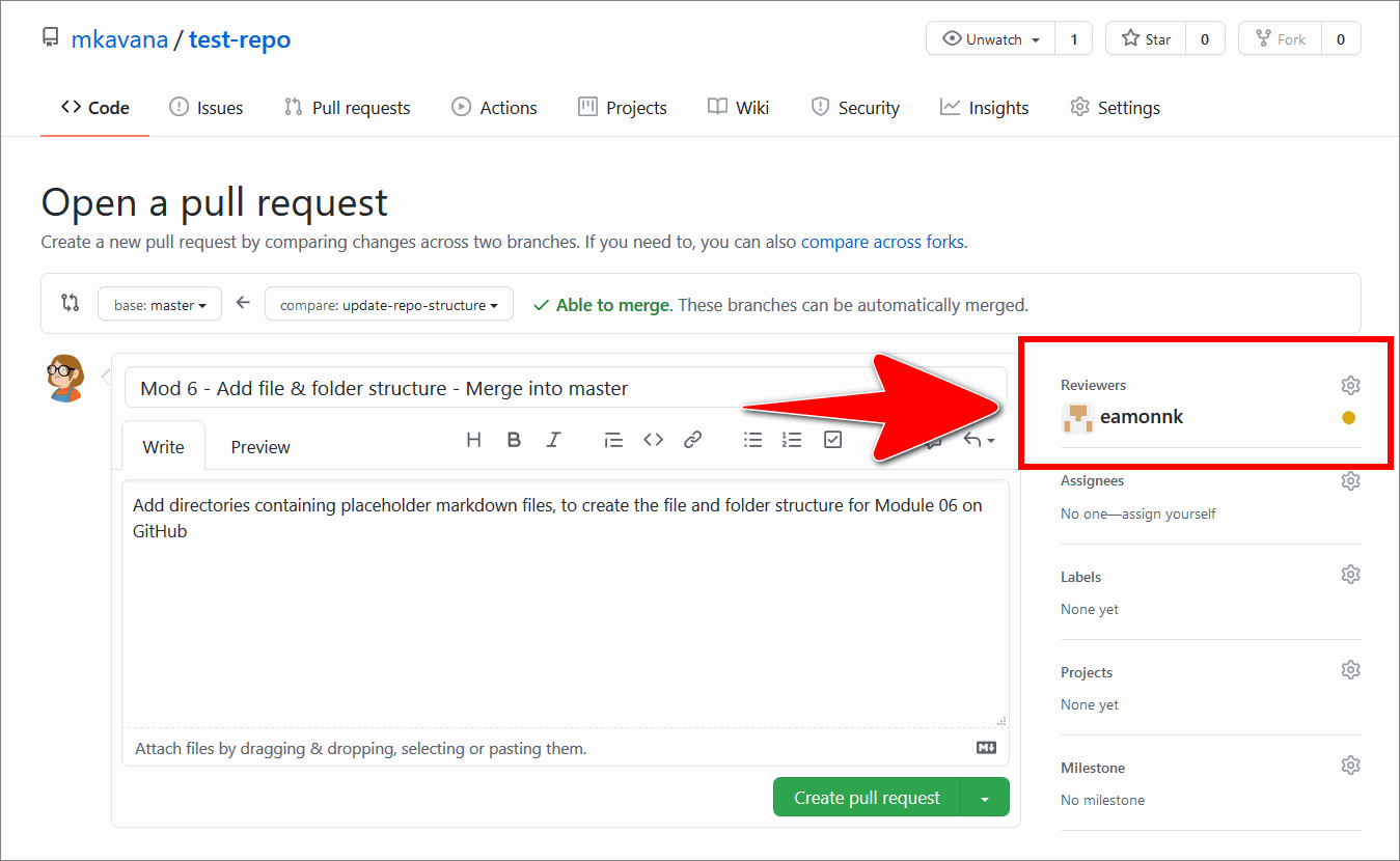 GitHub user added as a reviewer on the GitHub 'Open a pull request' page