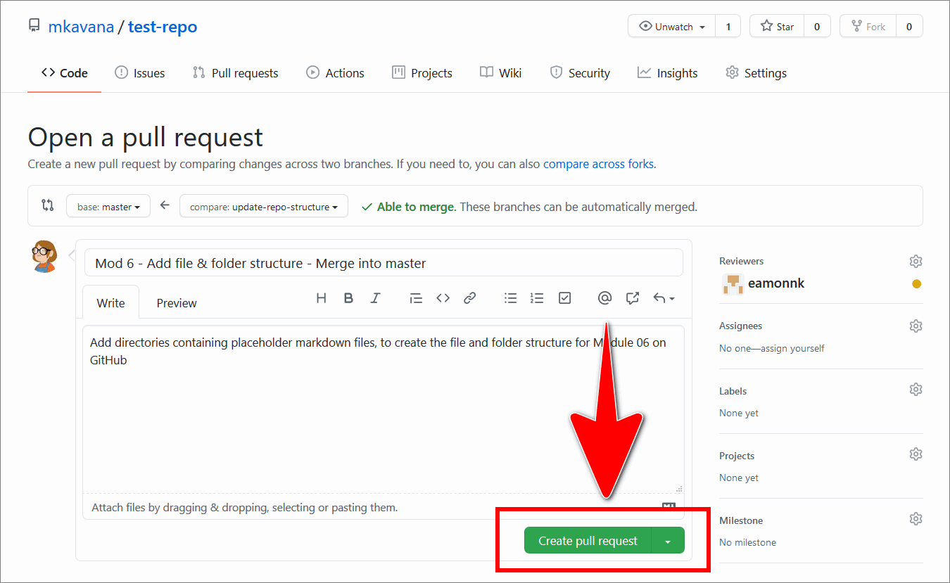 Create pull request button on the GitHub 'Open a pull request' page