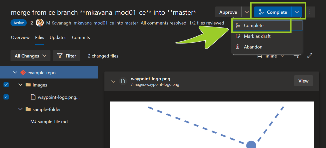 Example AzDevOps PR with the 'Complete' dropdown option set to 'Complete'