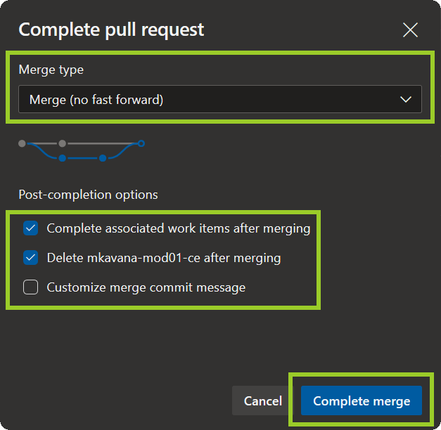 The 'Complete pull request' pane in an example AzDevOps PR