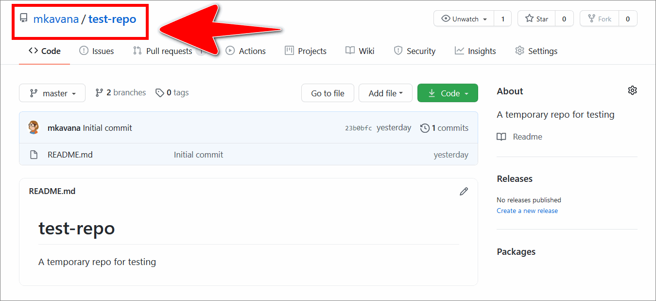 Example GitHub repo in a web browser