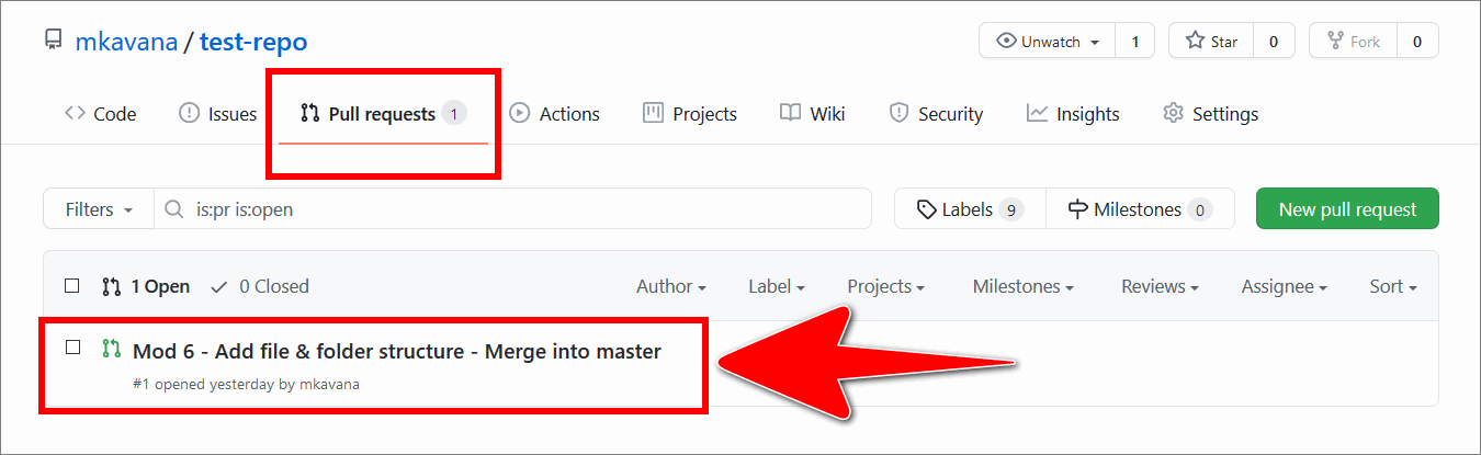 Example PR selected in the GitHub 'Pull requests' tab