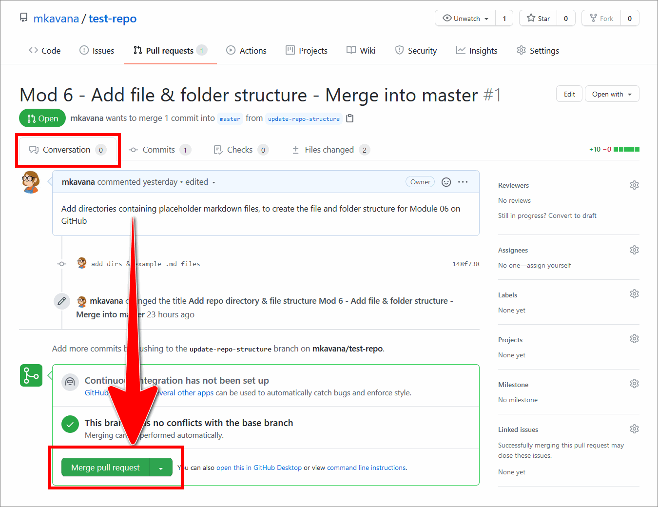 GitHub conversation tab with 'Merge pull request' button