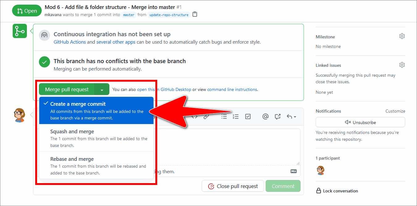 GitHub conversation tab with 'Create merge commit' option