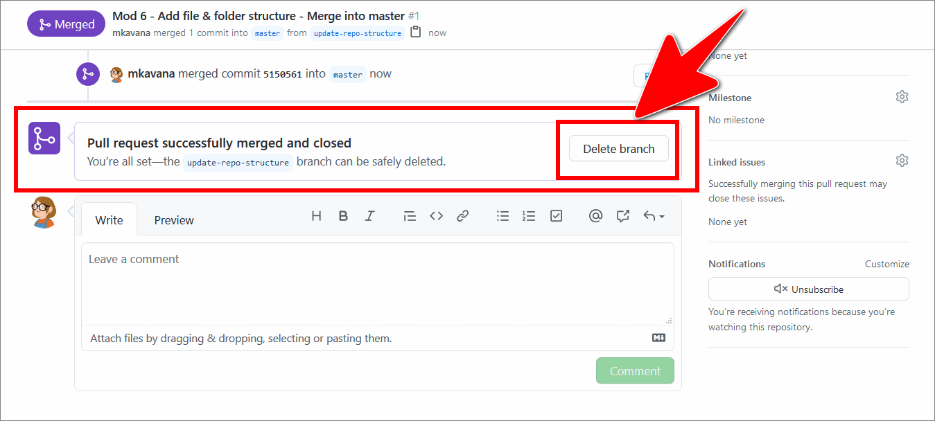 GitHub 'Pull request successfully merged' message and 'delete branch' button