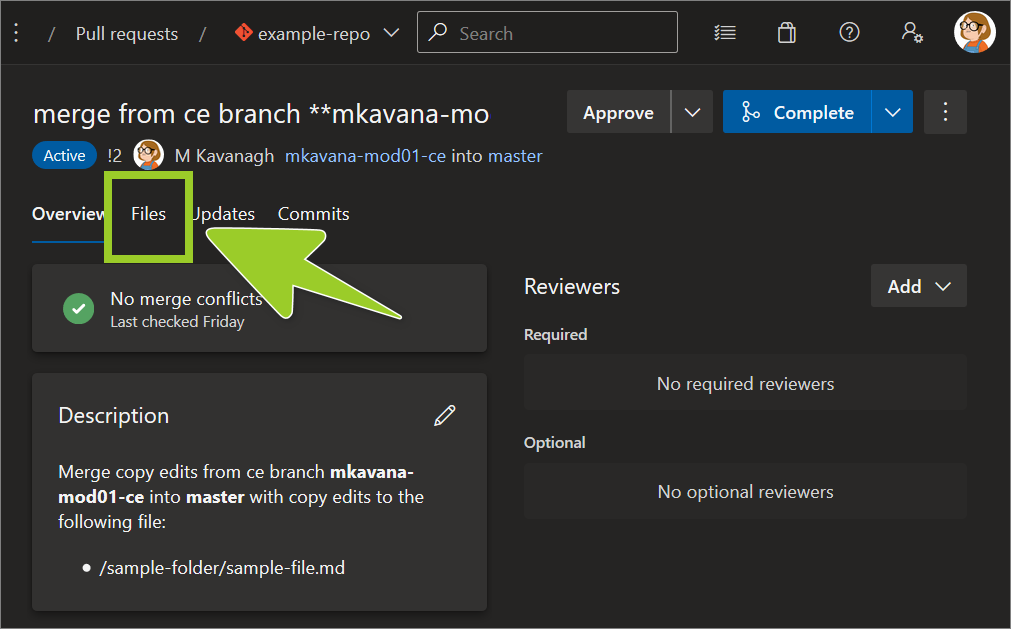 Example AzDevOps PR repo with the 'Files' tab seclected