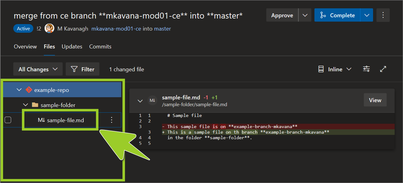 Example AzDevOps PR repo with a single file selected in the 'File navigation' pane