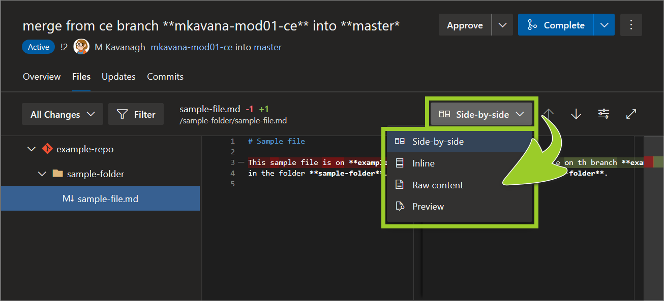 Example AzDevOps PR repo with the dropdown option for comparing file changes set to 'Side-by-side'