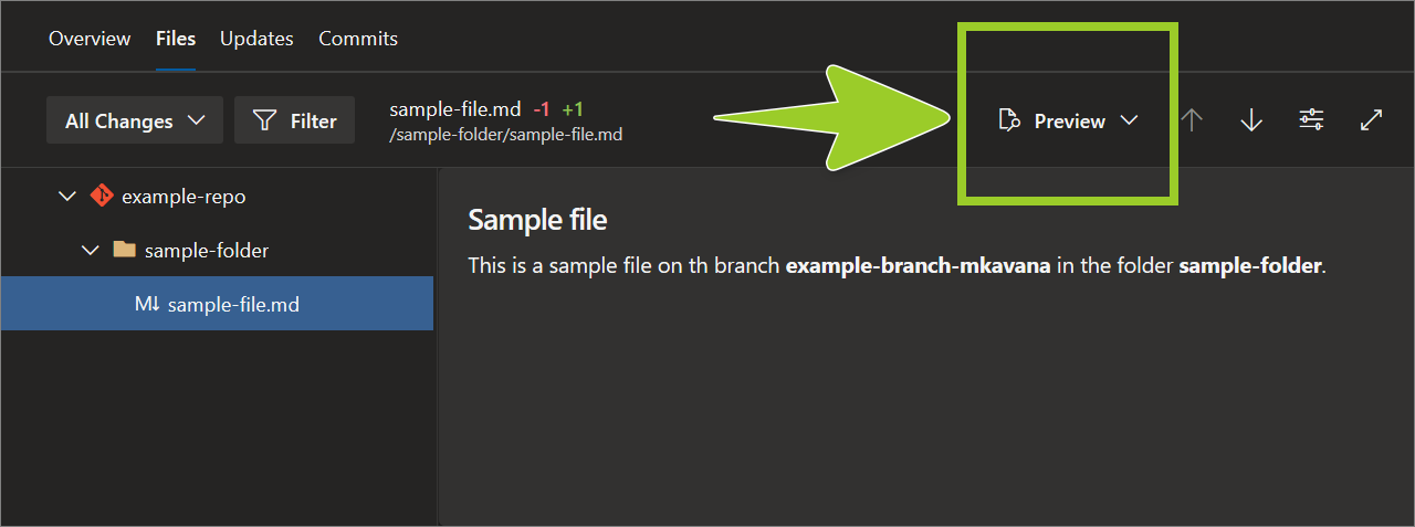 Example AzDevOps PR repo with the dropdown option for comparing file changes set to 'Preview'