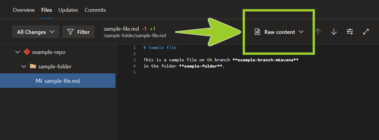 Example AzDevOps PR repo with the dropdown option for comparing file changes set to 'Raw content'