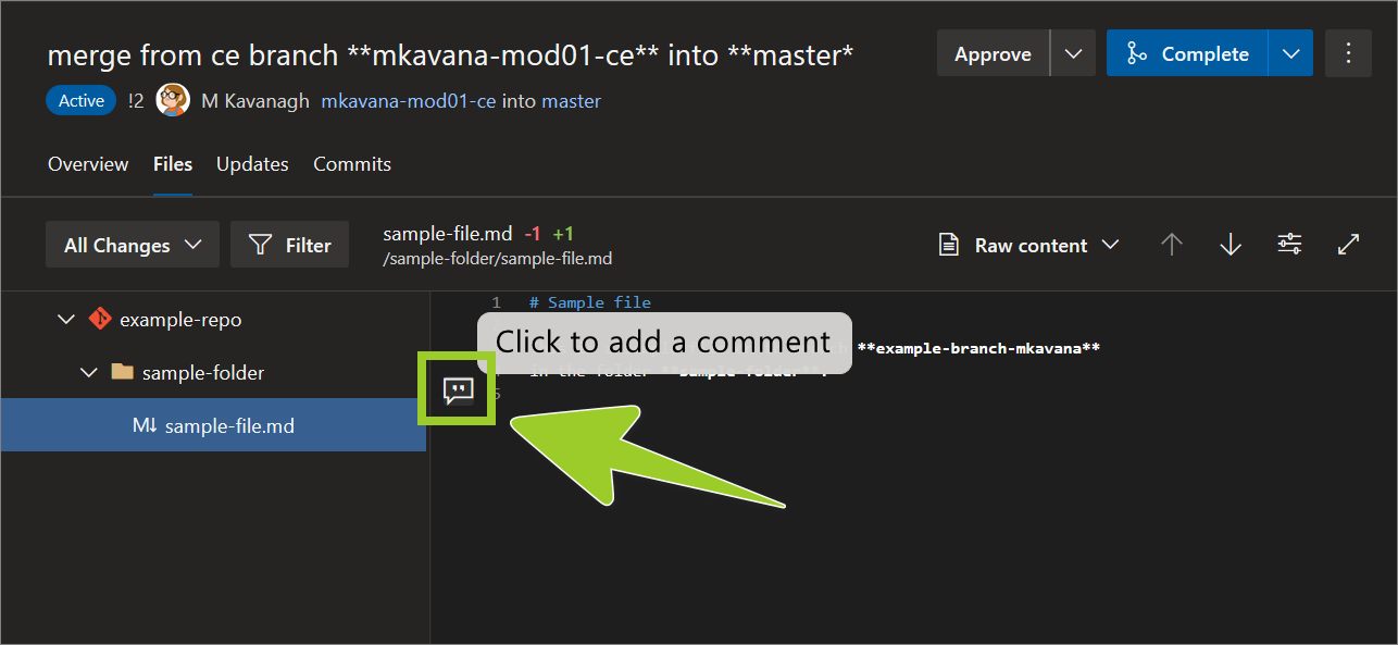 Example AzDevOps PR repo with the 'Add comment' icon selected