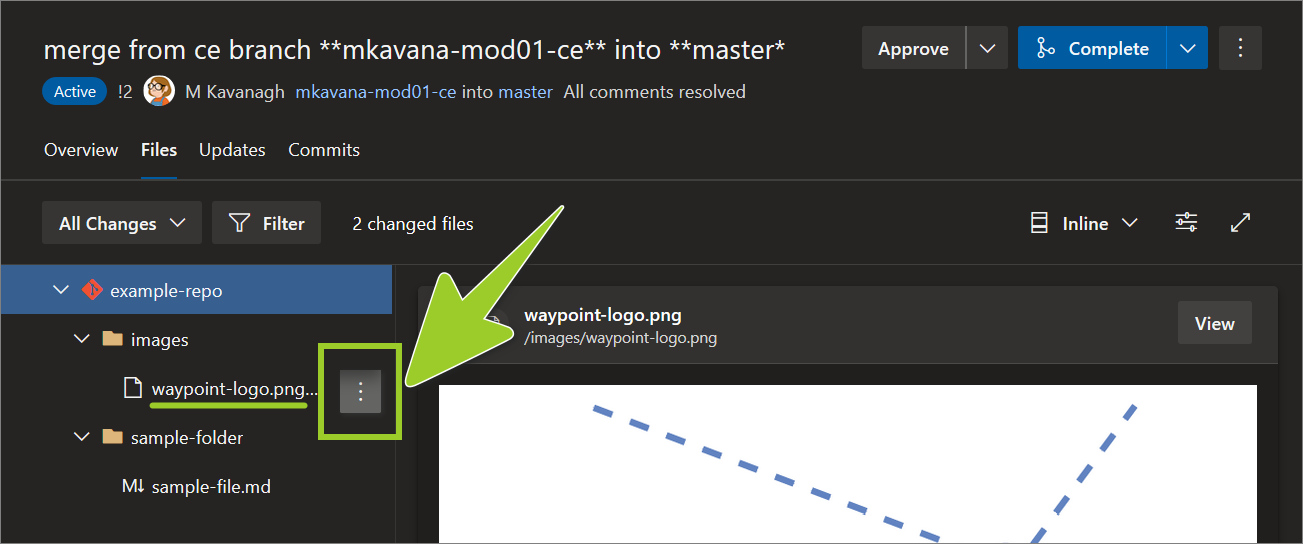 Example AzDevOps PR repo with the vertical ellipsis icon selected beside a sample image file PNG