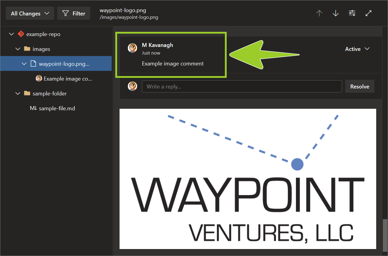 Example AzDevOps PR repo with a sample comment addded to an image file listed in the 'File' pane