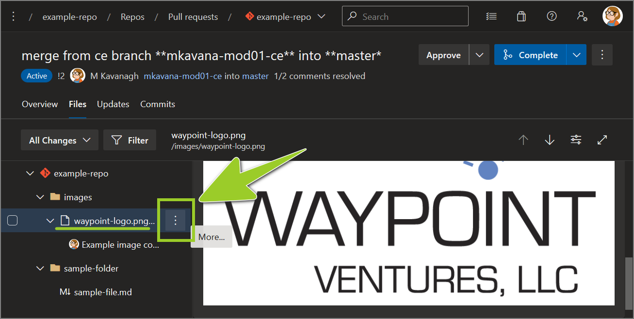 Example AzDevOps PR repo with the vertical ellipsis icon selected beside a sample image file