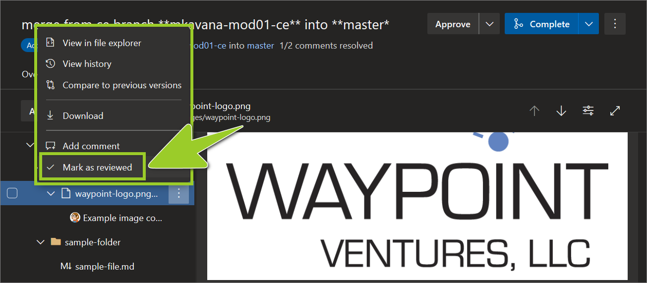 Example AzDevOps PR repo with the option 'Mark as reviewed' set in the context menu for a sample image file