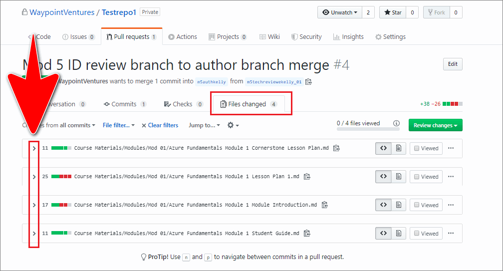 GitHub 'pull requests' tab with expand/ collapse arrows