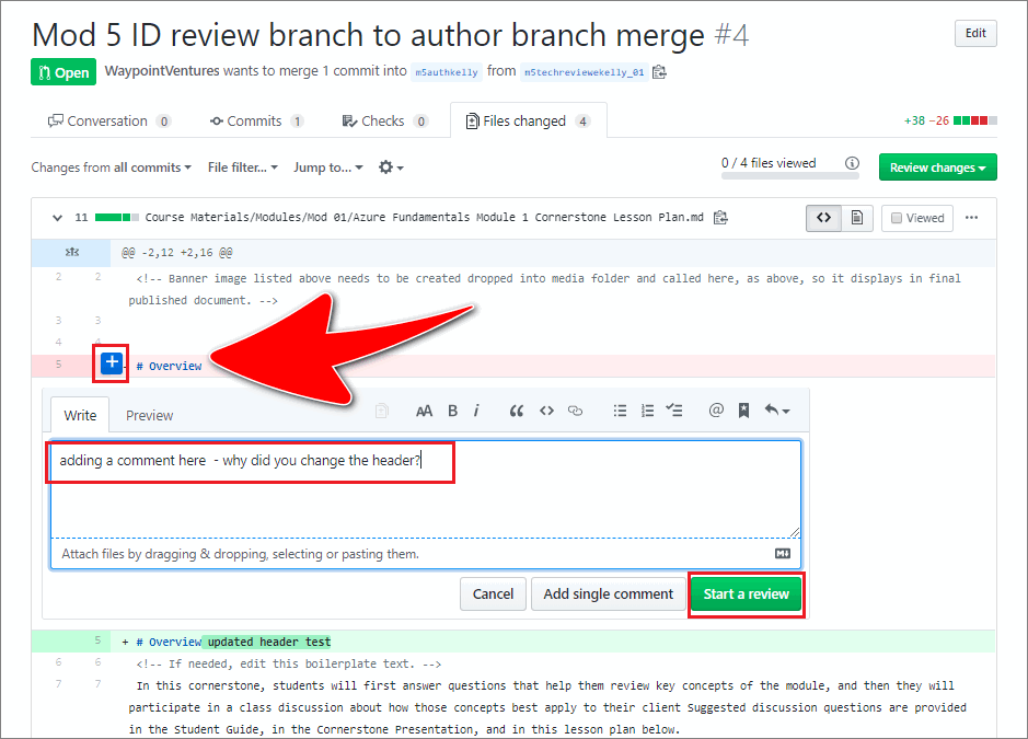 The 'add comment' field within the 'files changed' tab of a GitHub pull request