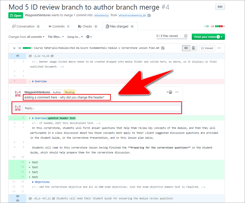 The 'reply to comment' text entry field within the files changed tab of a GitHub pull request