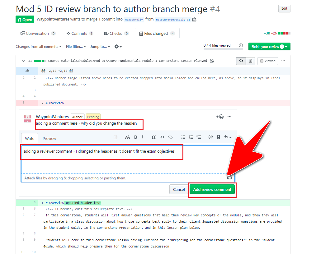 The 'add review comment' button for submitting comments associated with a GitHub pull request